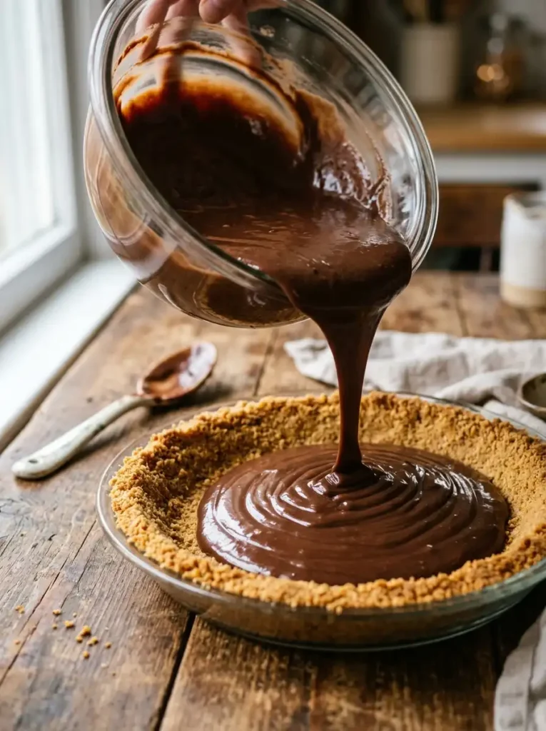 Pouring chocolate pudding pie filling into a graham cracker crust