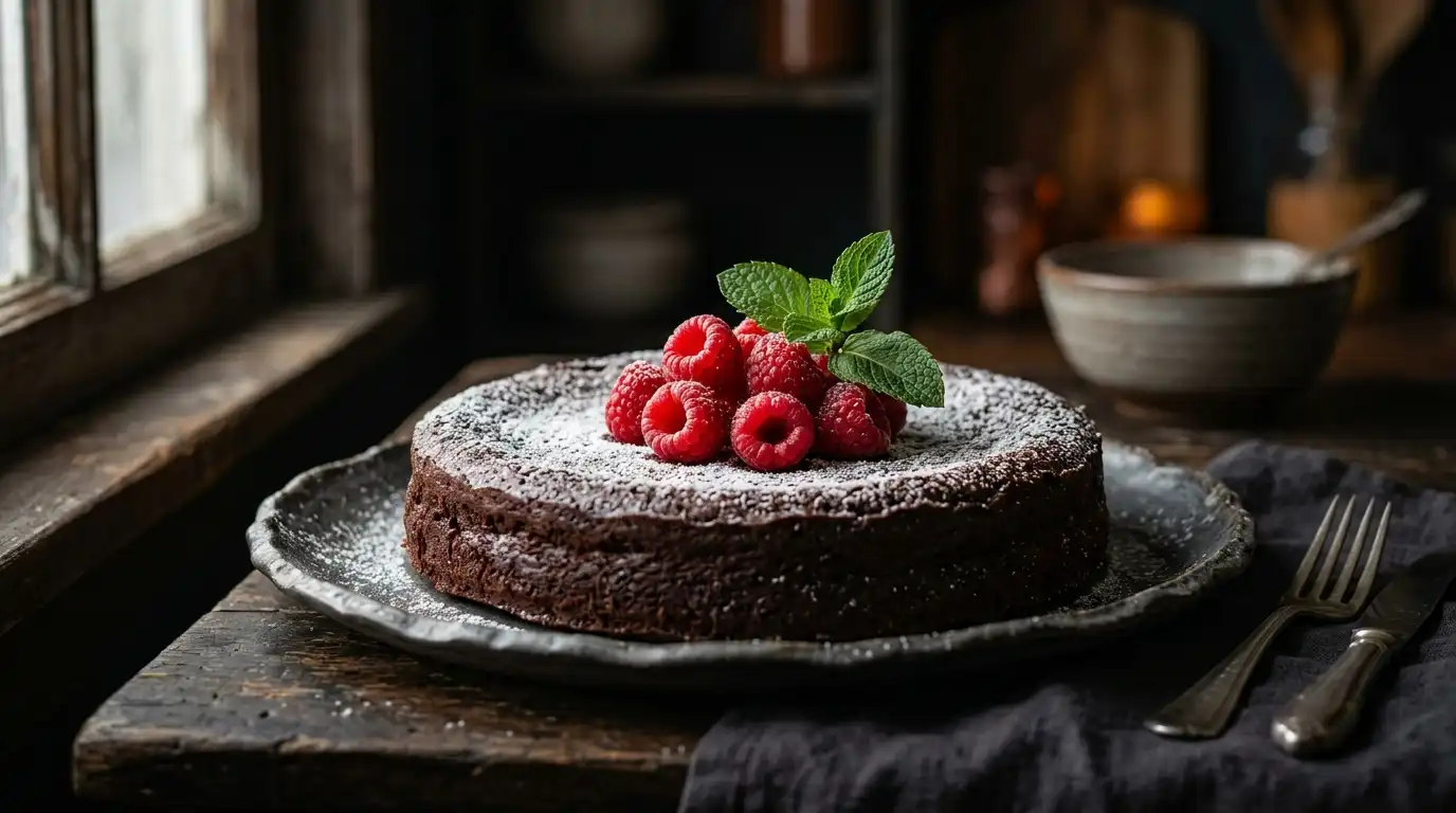 Rich and fudgy gluten free flourless chocolate torte dusted with powdered sugar and fresh raspberries on a dark plate