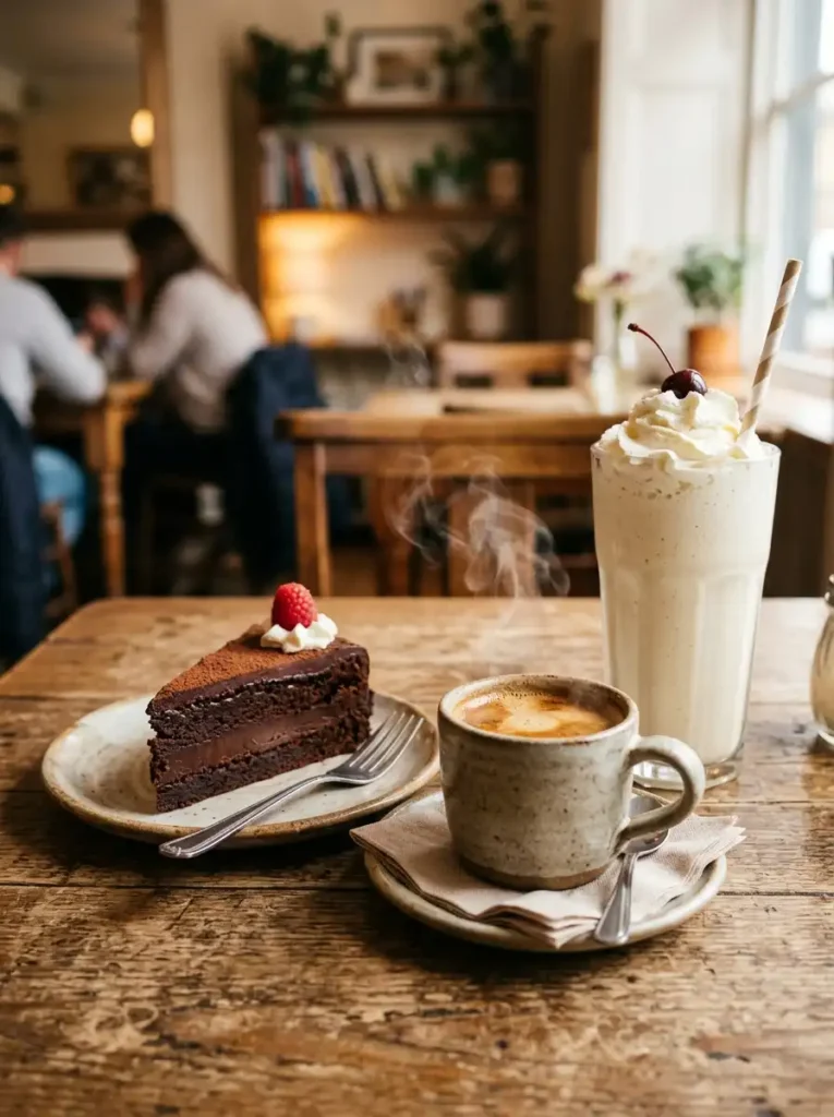 Decadent chocolate torte cake served with fresh whipped cream and a hot cup of espresso coffee