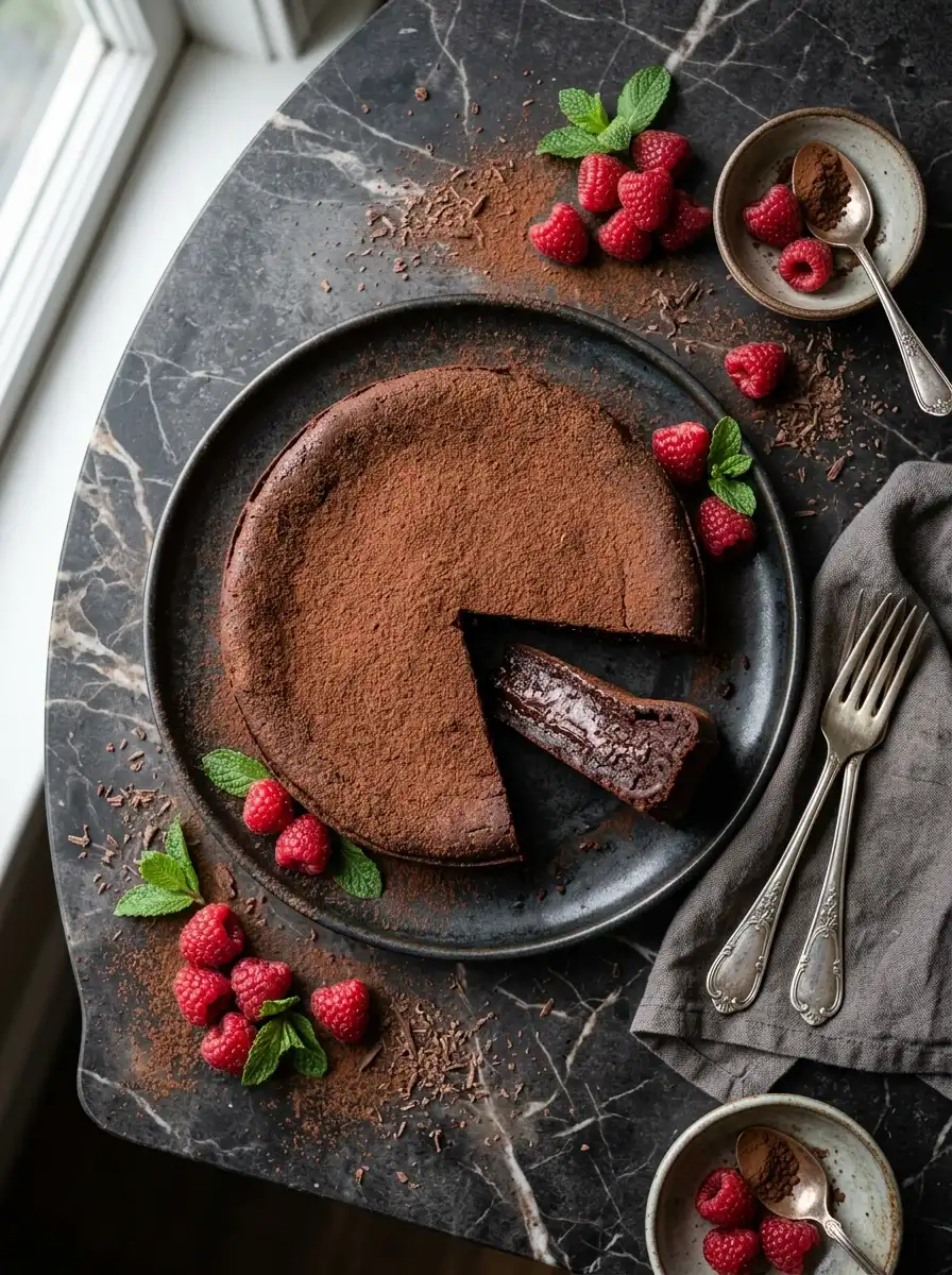 Top down view of homemade flourless chocolate torte recipe with raspberries for dessert lovers