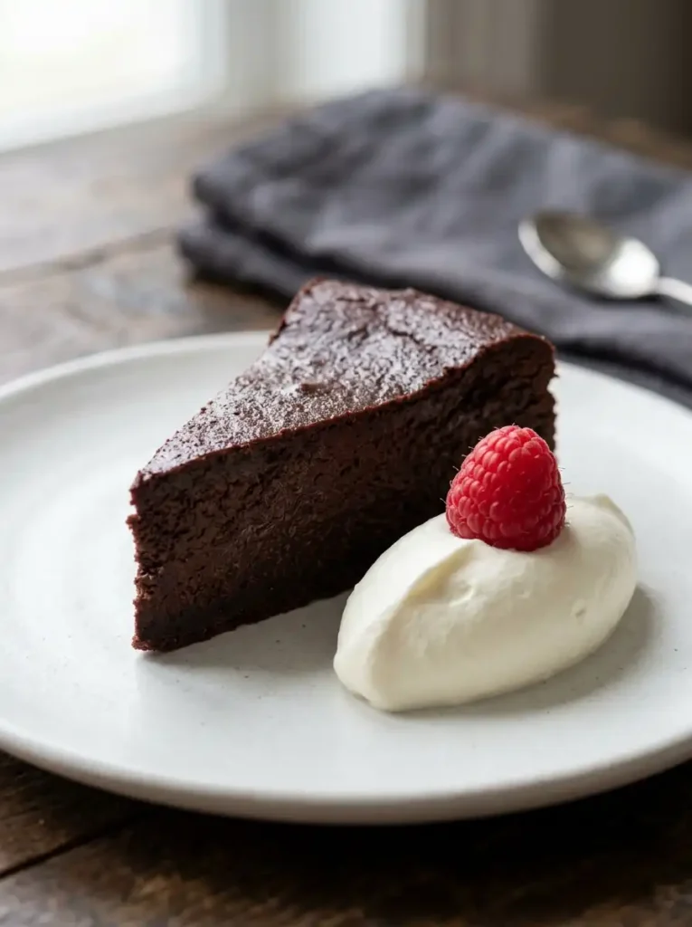 Close up slice of dense flourless chocolate torte showing decadent fudgy truffle texture without flour