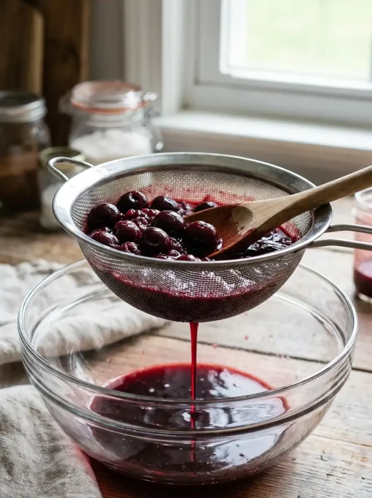 Draining cherry pie filling to reserve the juice for a canned cherry pie recipe