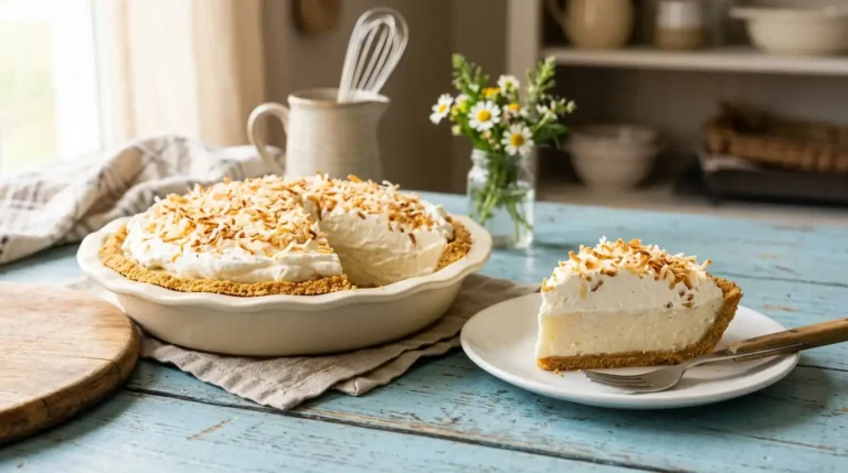 A whole coconut cream pie made with cream of coconut and a cut slice showing silky layers on a light blue wooden table
