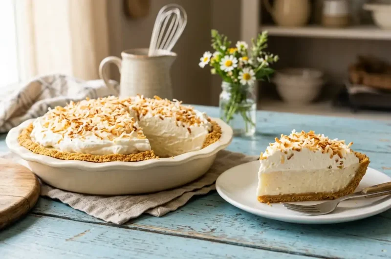 A whole coconut cream pie made with cream of coconut and a cut slice showing silky layers on a light blue wooden table
