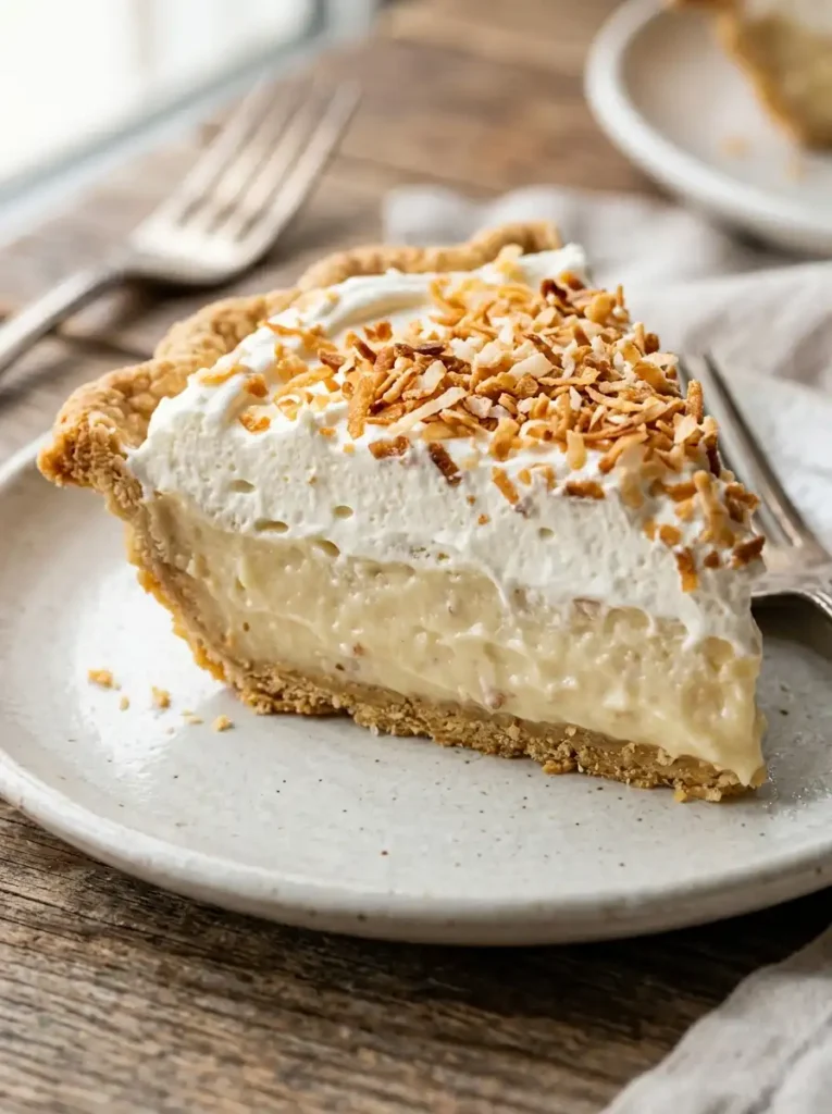 Pouring thick warm coconut custard filling into a golden prebaked pie crust, coconut pie recipe with cream of coconut
