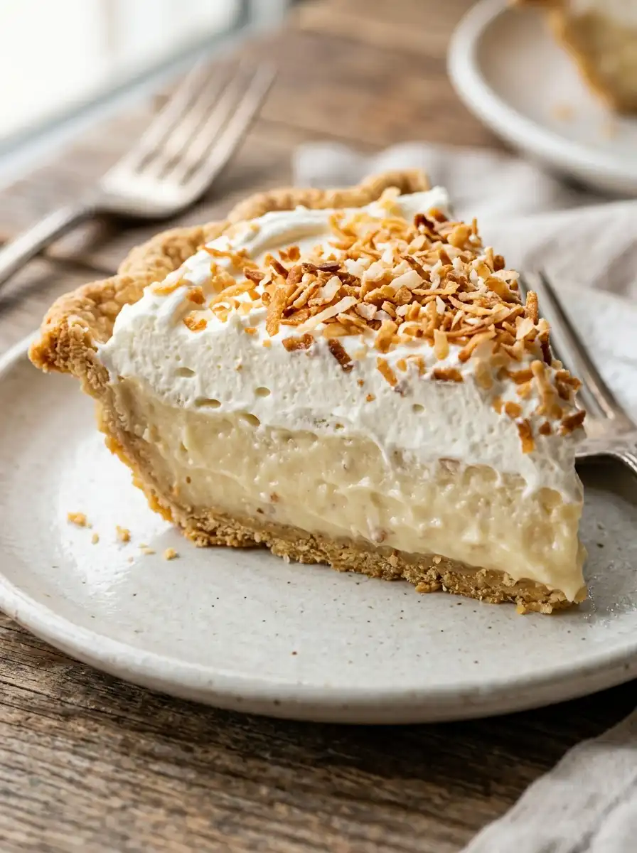 Pouring thick warm coconut custard filling into a golden prebaked pie crust