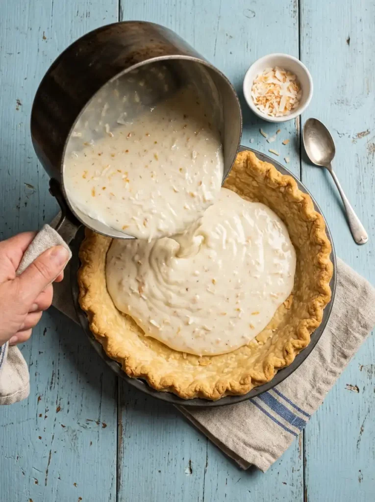 Pouring thick warm coconut custard filling into a golden prebaked pie crust