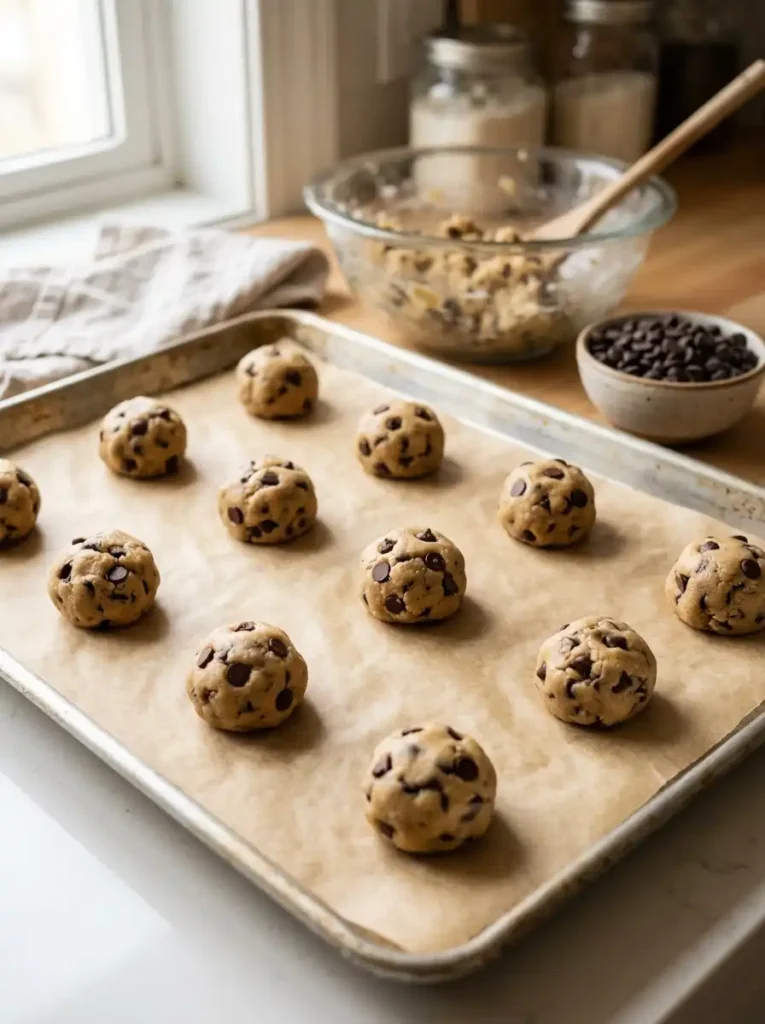 Cookie dough balls on parchment paper lined baking sheet before baking