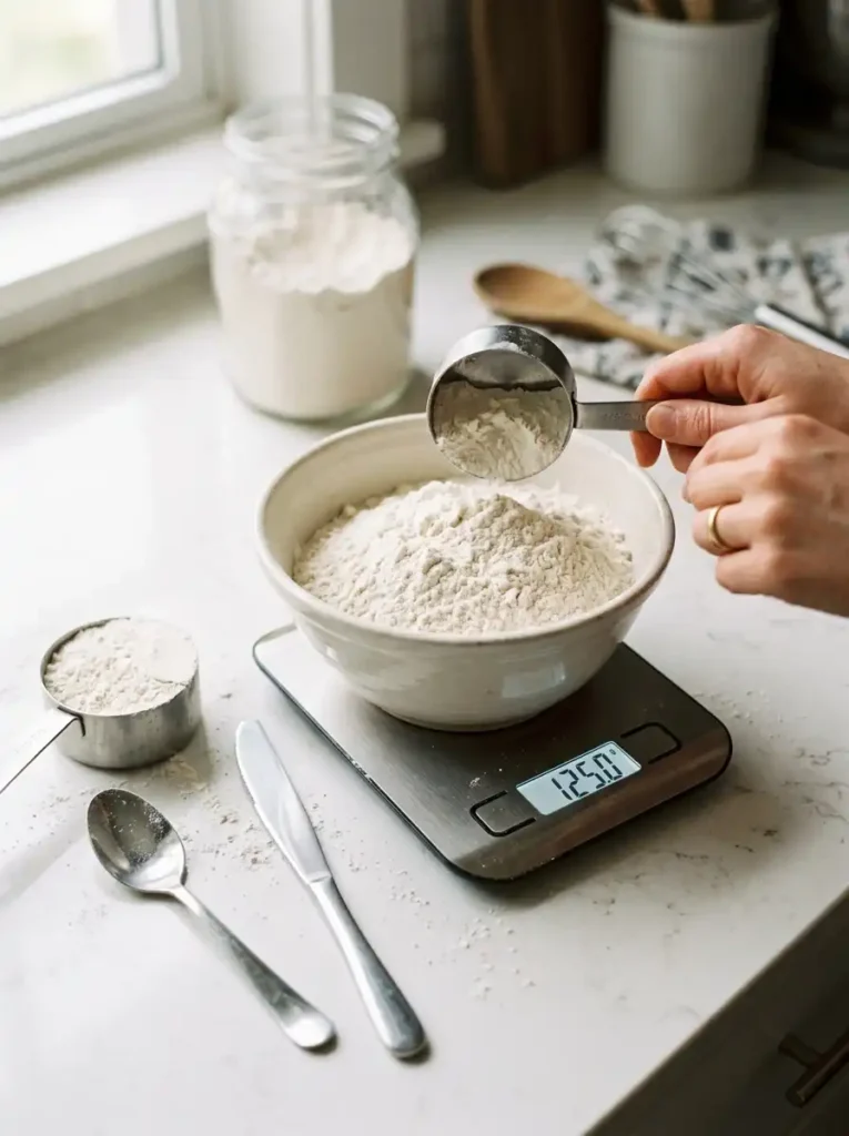 Flour being measured correctly on a digital kitchen scale for accurate baking results