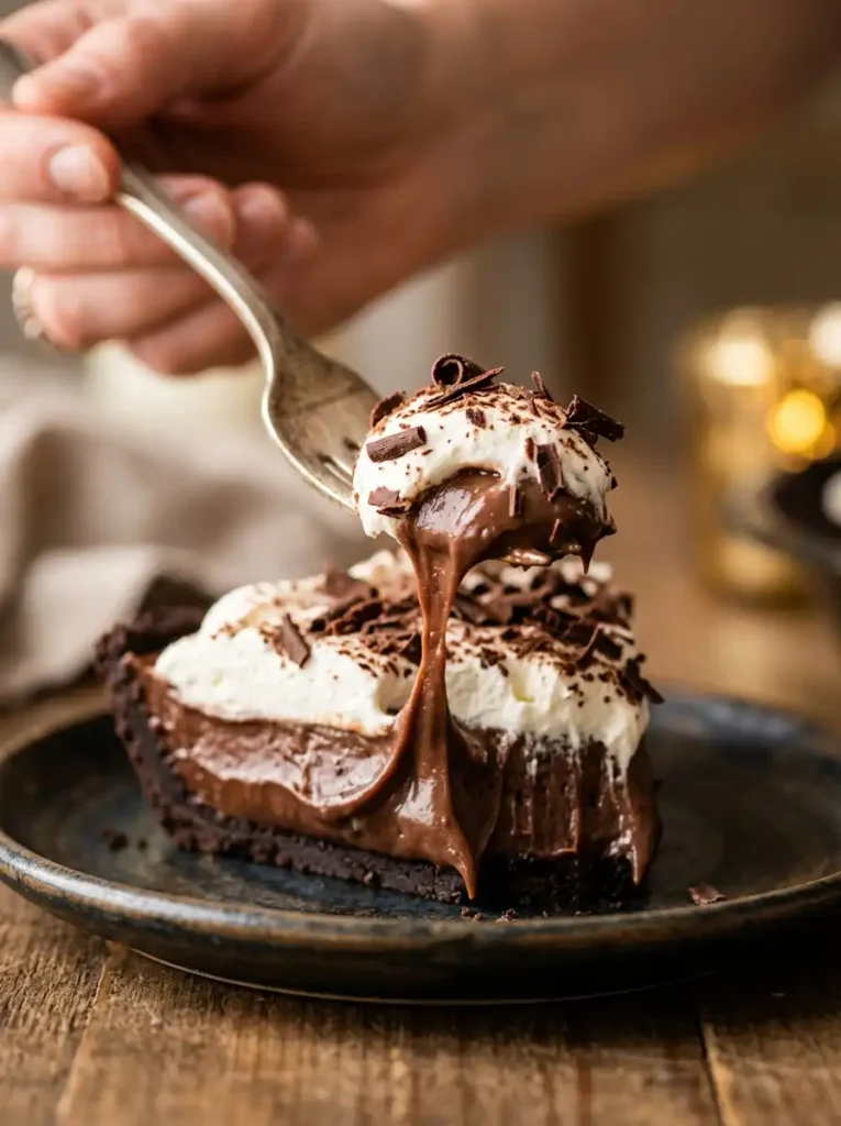 Close-up of a fork lifting a creamy bite of chocolate pudding pie