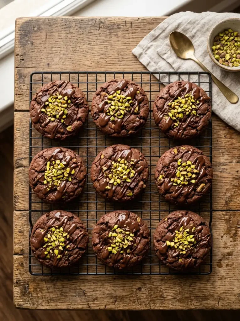 Freshly baked Dubai chocolate cookies drizzled with chocolate and chopped pistachios