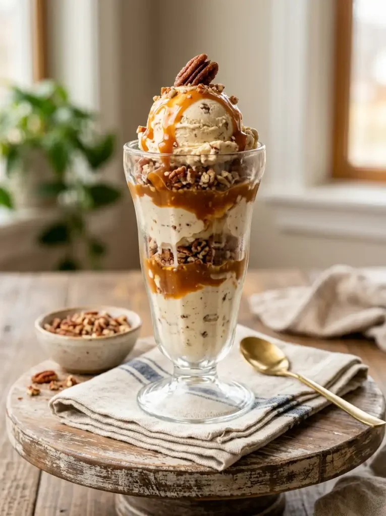 Vertical layered butter pecan ice cream dessert in a tall glass with caramel and pecans for Pinterest
