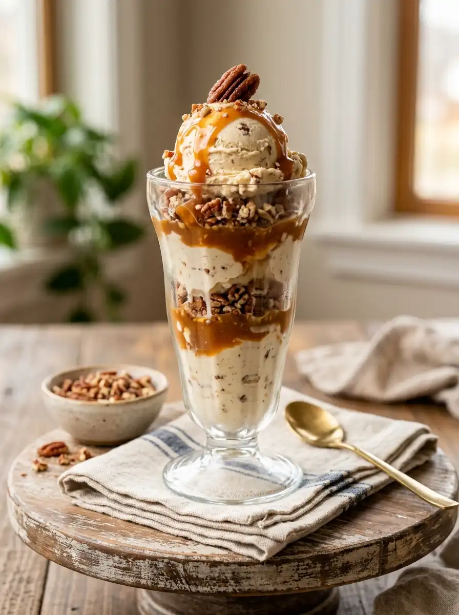 Vertical layered butter pecan ice cream dessert in a tall glass with caramel and pecans for Pinterest