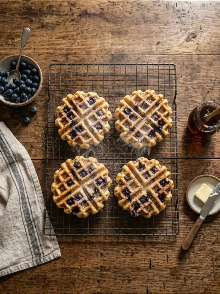Freshly cooked blueberry waffles cooling on a wire rack