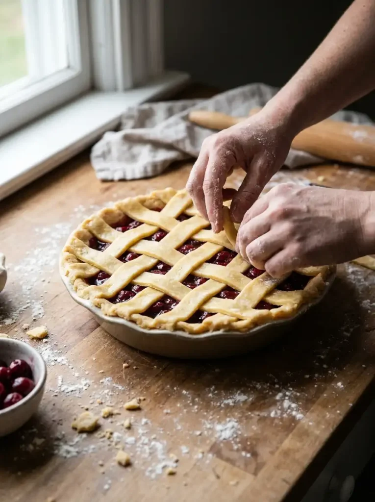 Weaving a lattice crust over a cherry pie filled with canned cherry filling