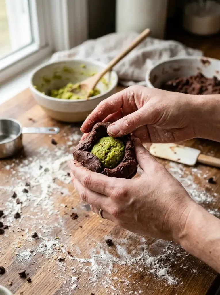 Wrapping chocolate cookie dough around pistachio filling to make Dubai chocolate cookies