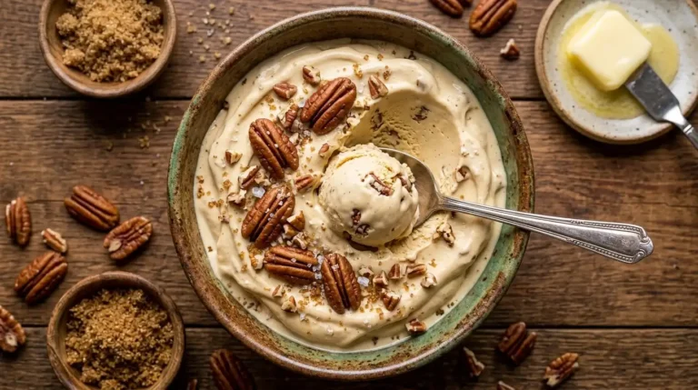 Overhead shot of homemade butter pecan ice cream in a rustic bowl with roasted pecans and flaky sea salt