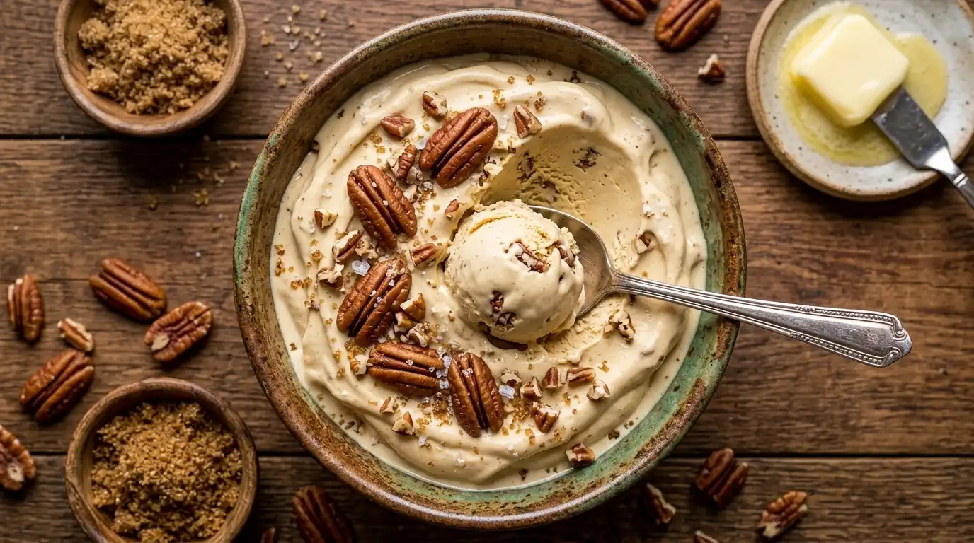Overhead shot of homemade butter pecan ice cream in a rustic bowl with roasted pecans and flaky sea salt