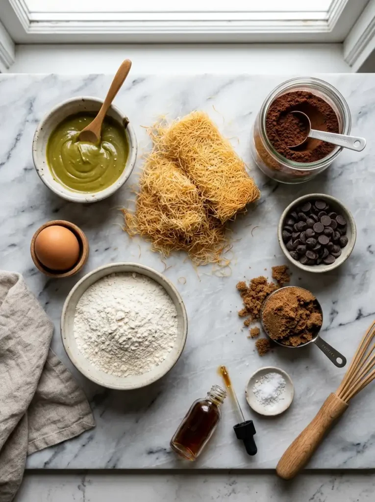 Ingredients for Dubai chocolate cookies including pistachio cream, kataifi, and cocoa powder