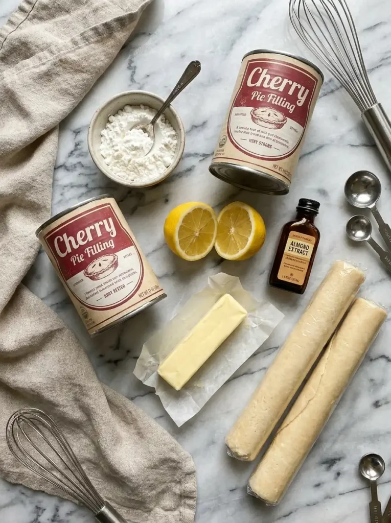 Ingredients for canned cherry pie recipe including cherry pie filling, cornstarch, and lemon