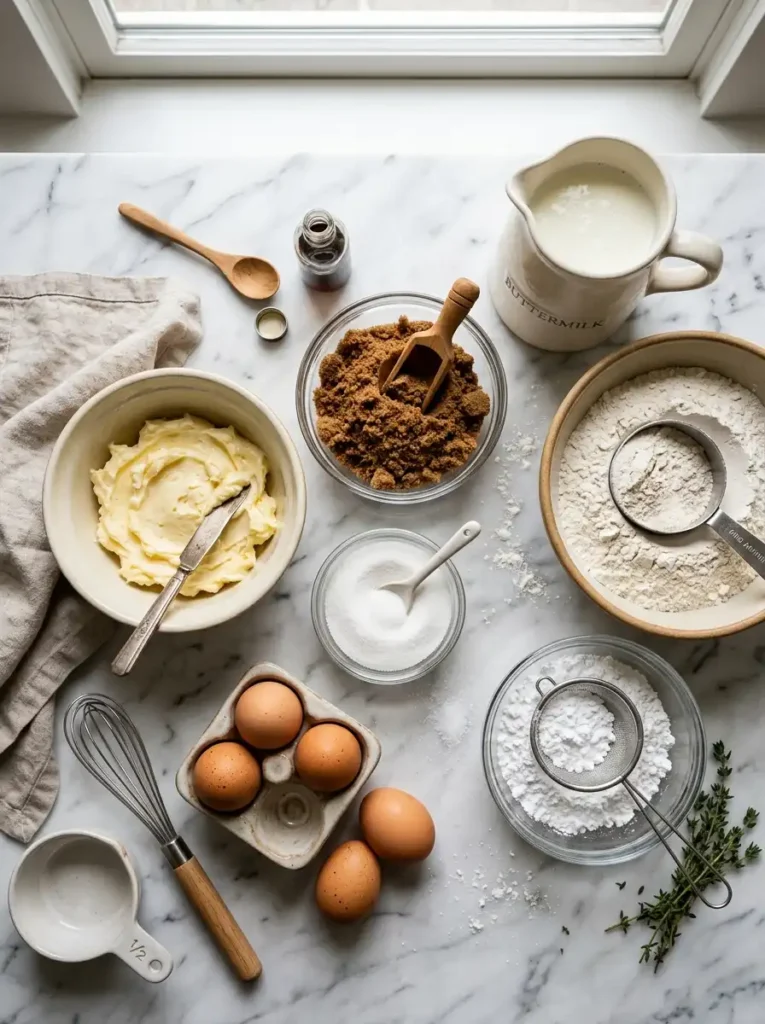 Ingredients for caramel cake including butter, brown sugar, buttermilk, and flour