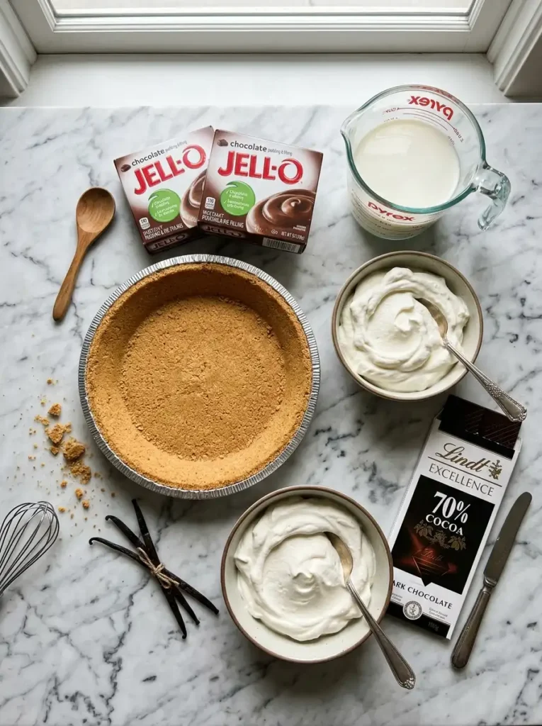 Ingredients for chocolate pudding pie including instant pudding mix, milk, whipped cream, and graham cracker crust
