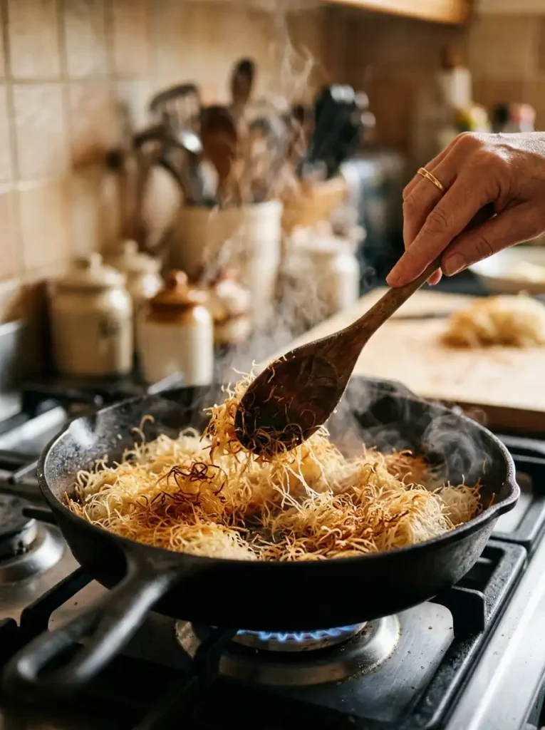 Toasting kataifi pastry in a skillet for Dubai chocolate cookies