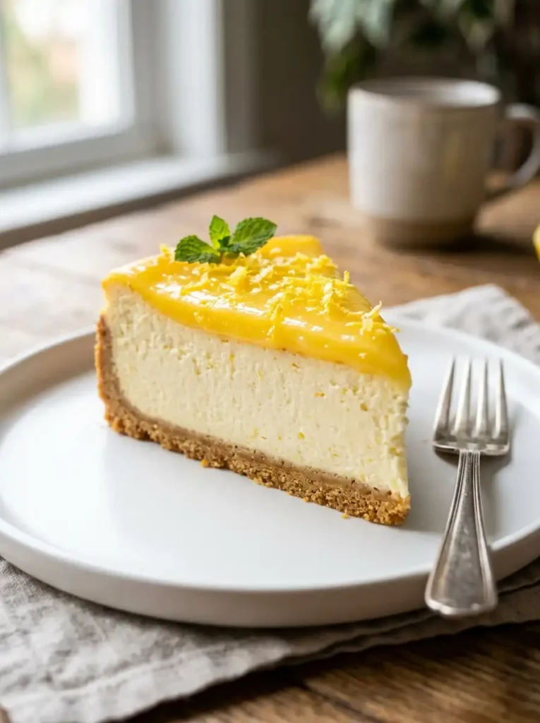 Clean slice of creamy lemon cheesecake showing smooth filling and buttery crust