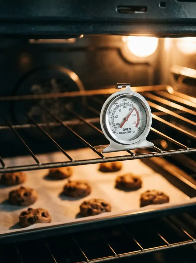 Oven thermometer inside a preheated oven to check accurate baking temperature