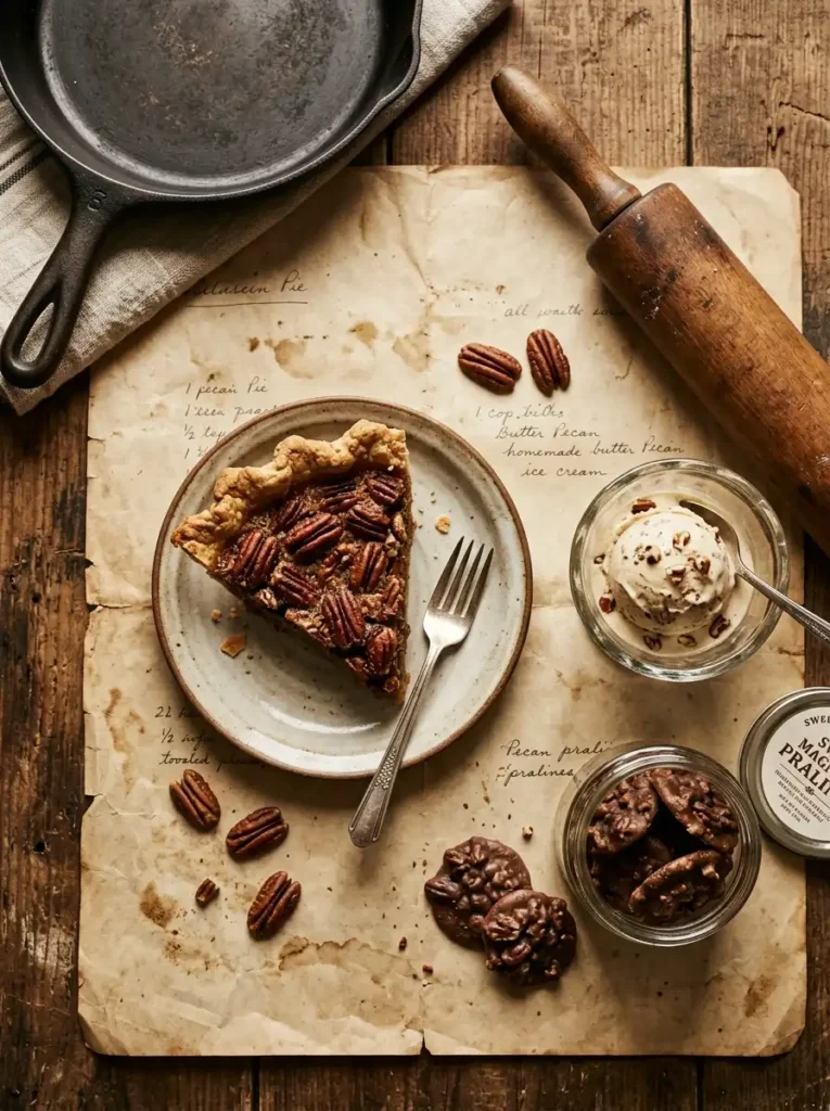 Vintage flat lay of classic Southern pecan desserts including pecan pie, butter pecan ice cream, and pralines
