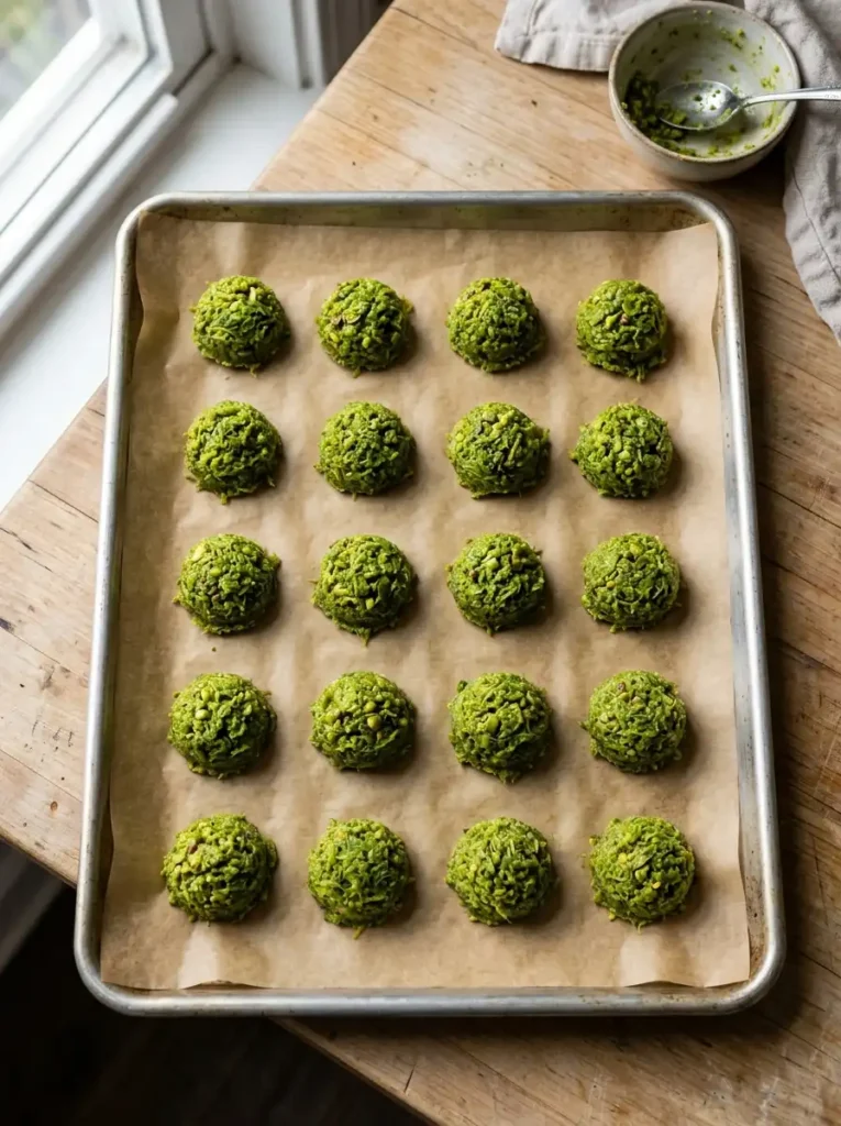 Portions of pistachio kataifi filling ready to freeze for Dubai chocolate cookies