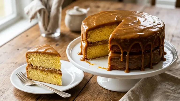 Sliced Southern caramel cake with glossy caramel icing dripping down the layers