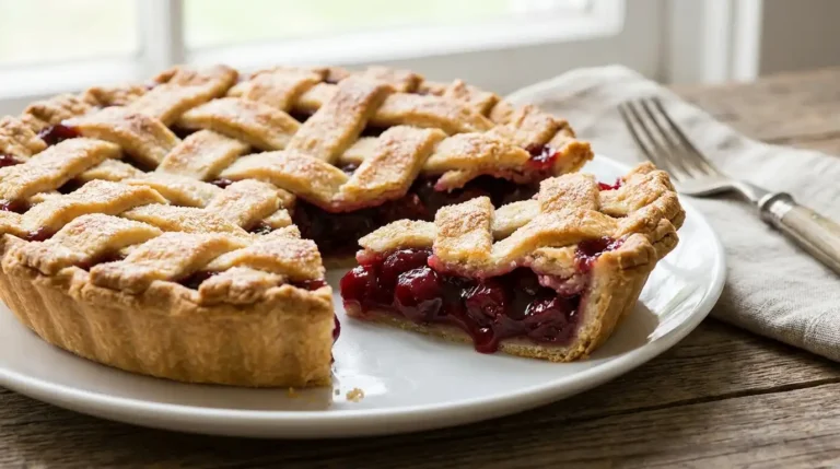 Sliced cherry pie with glossy filling and golden lattice crust