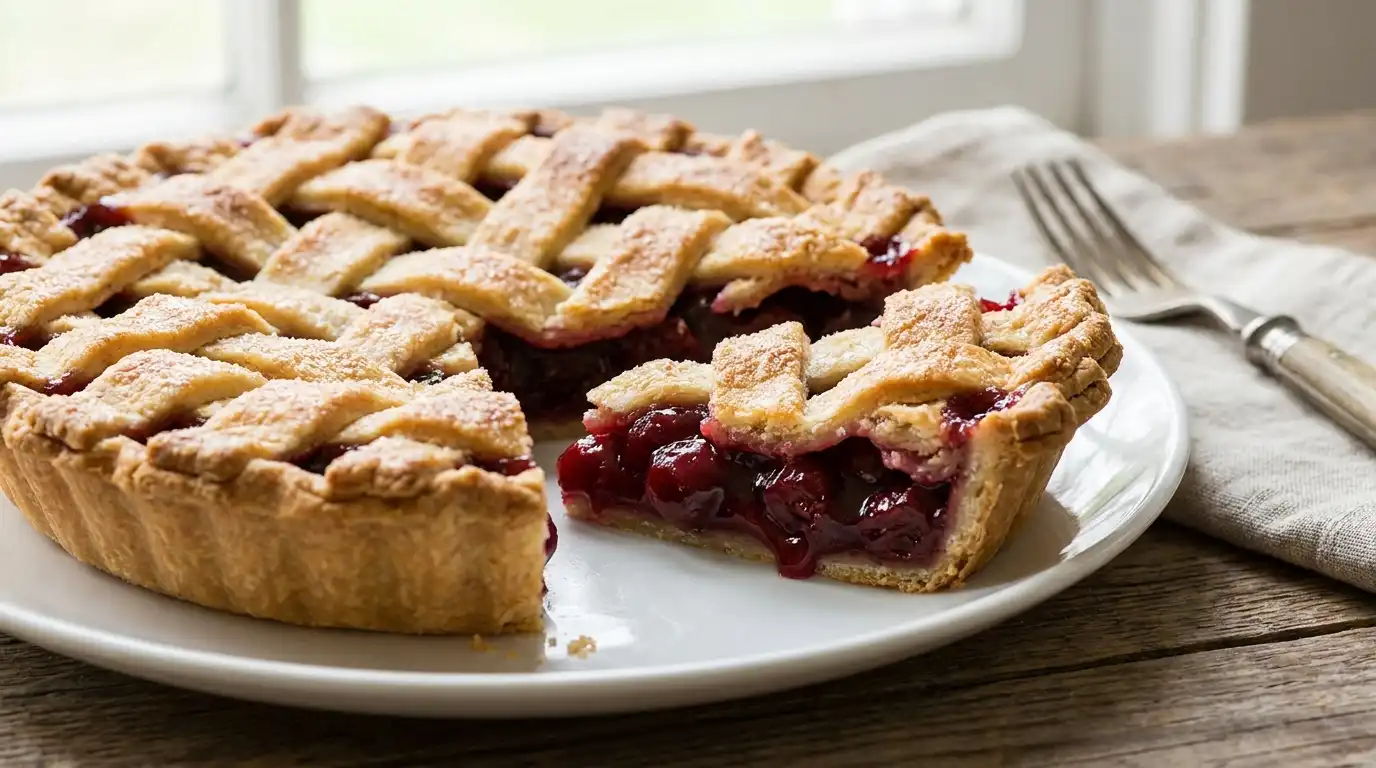 Sliced cherry pie with glossy filling and golden lattice crust