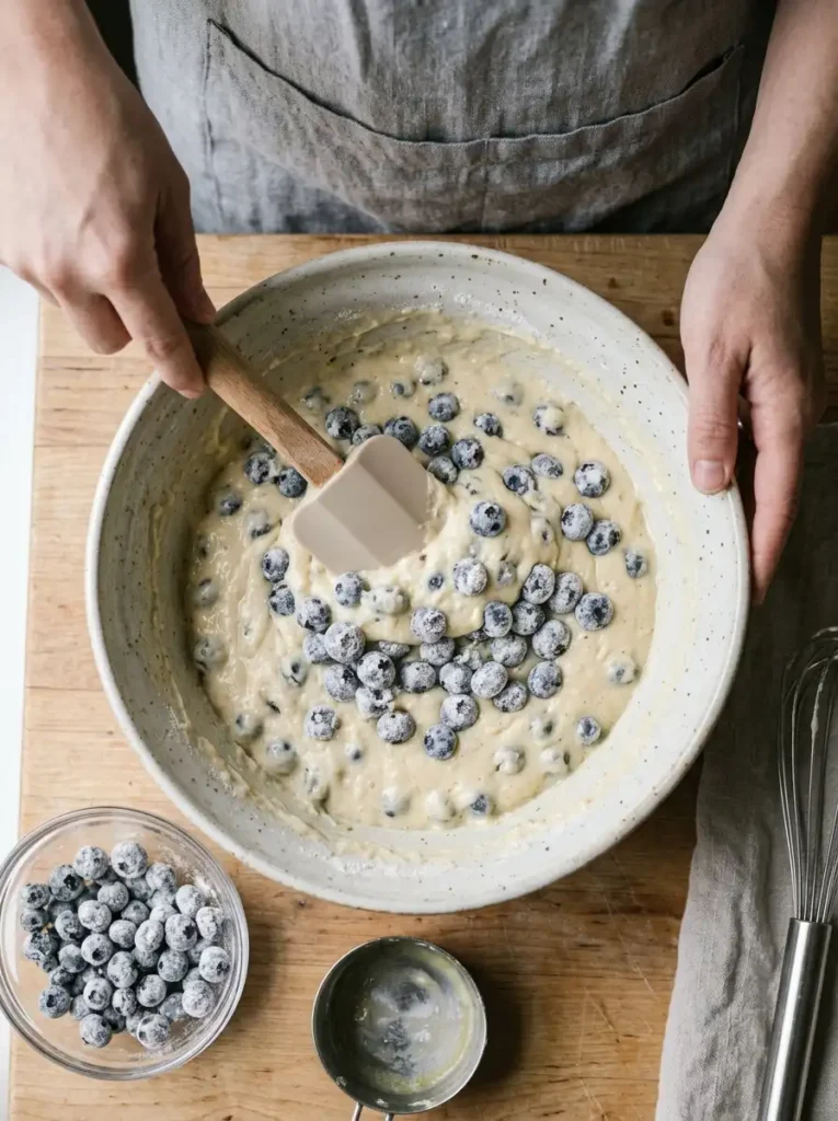Folding flour-coated blueberries into waffle batter