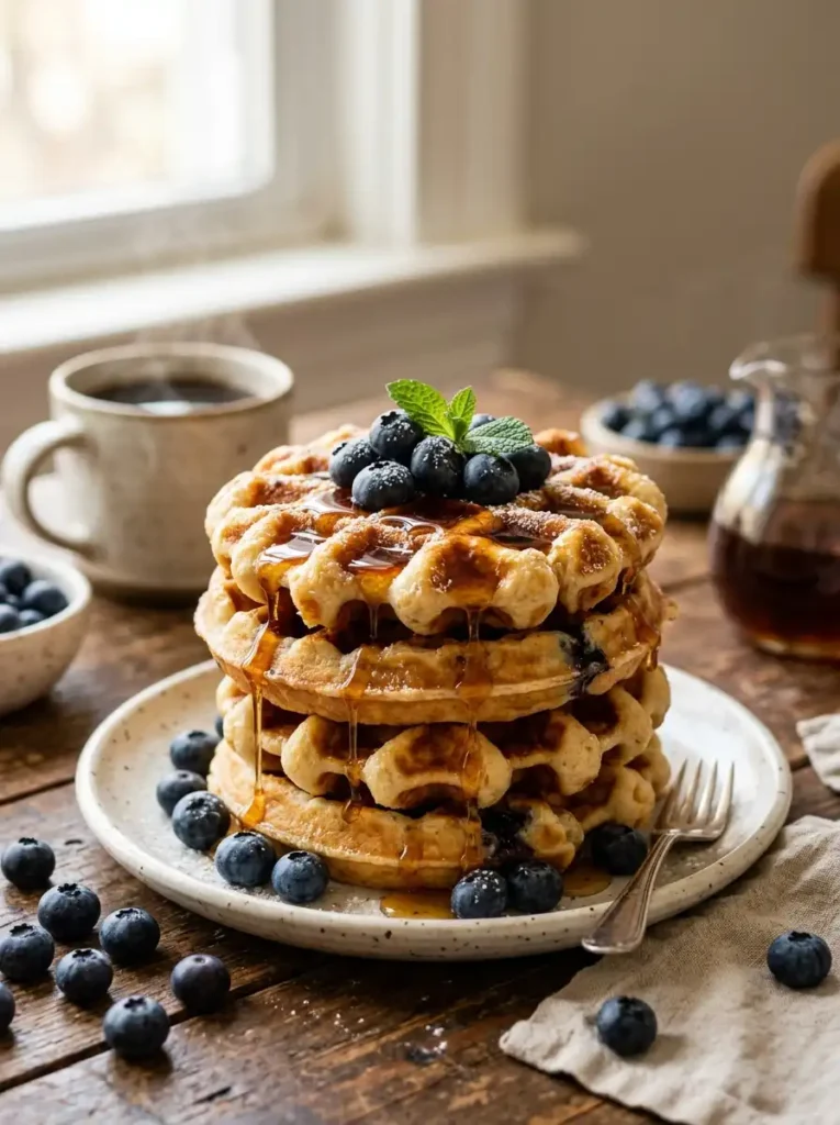 Vertical Pinterest image of stacked blueberry waffles with maple syrup