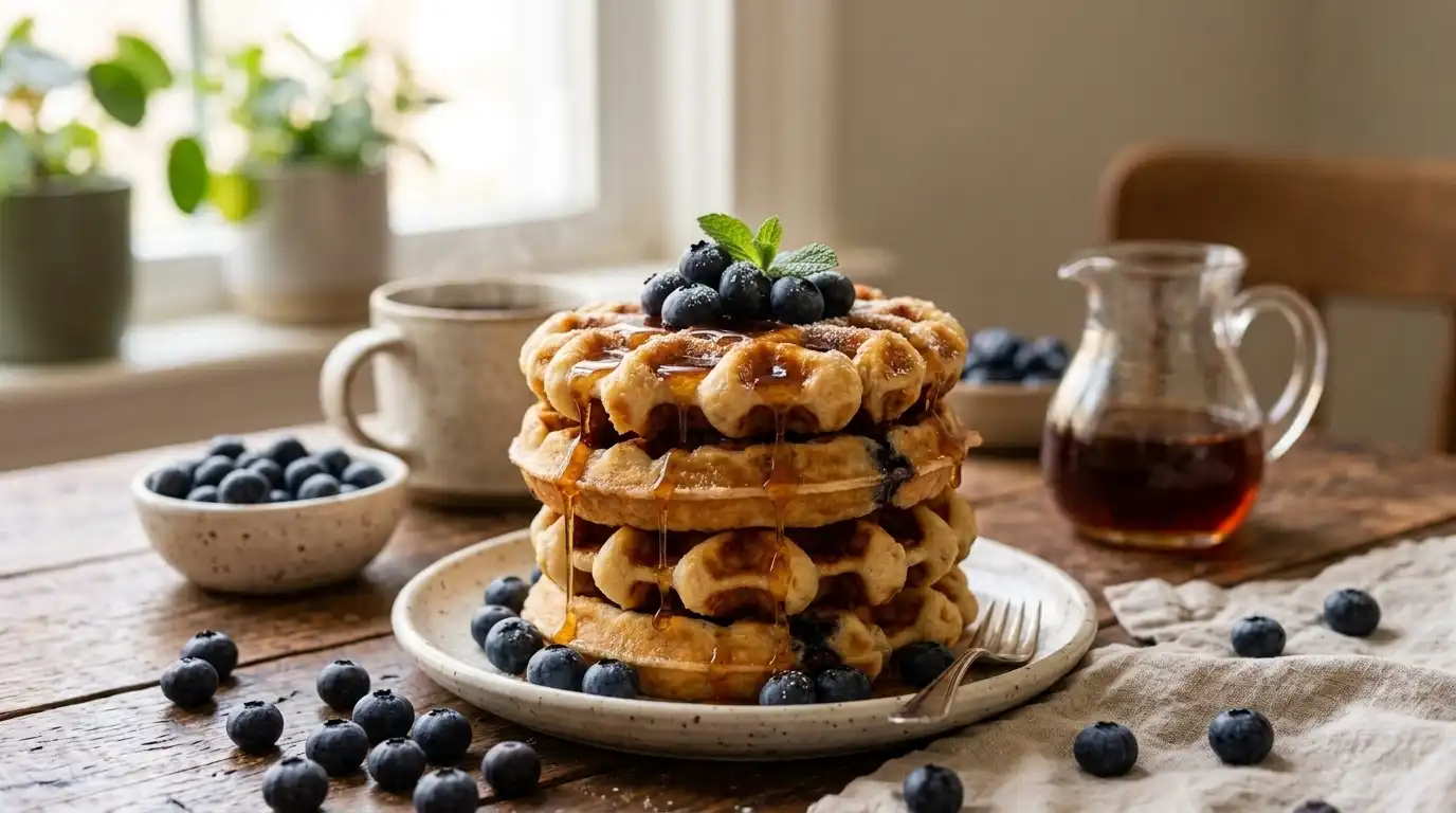 Vertical Pinterest image of stacked blueberry waffles with maple syrup