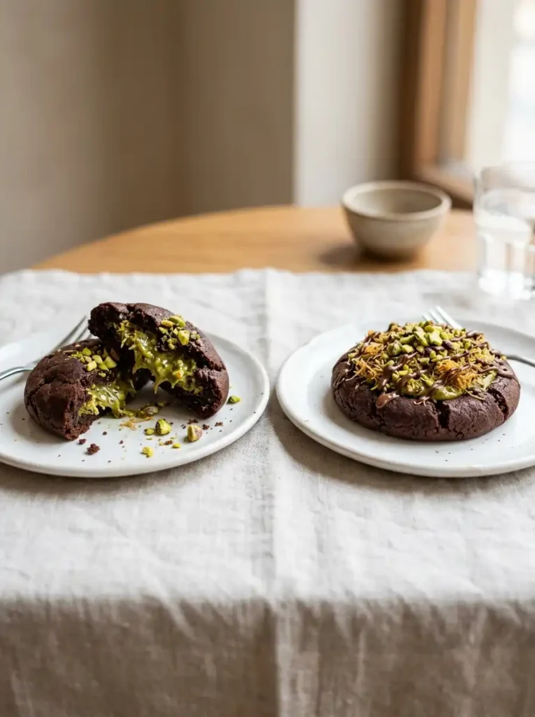 Side-by-side comparison of filled and topped Dubai chocolate cookies