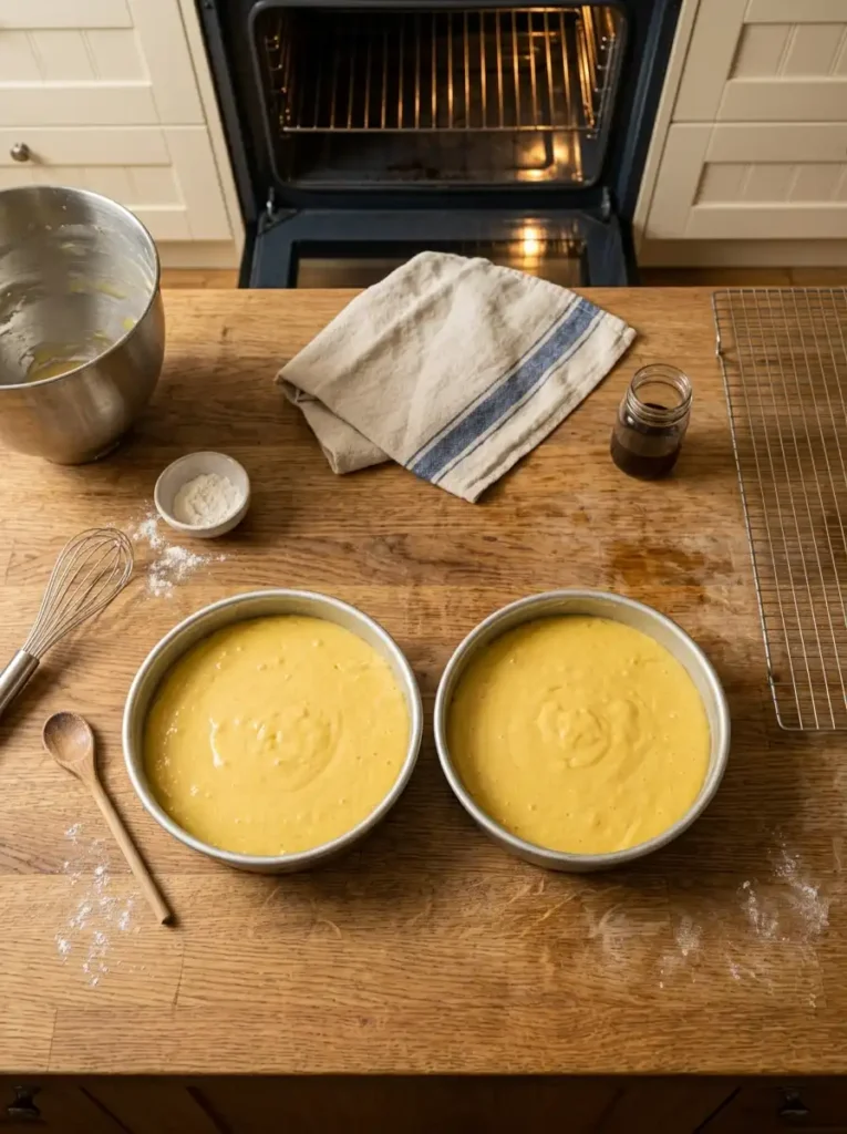 Yellow cake batter in two round pans ready to bake for caramel cake