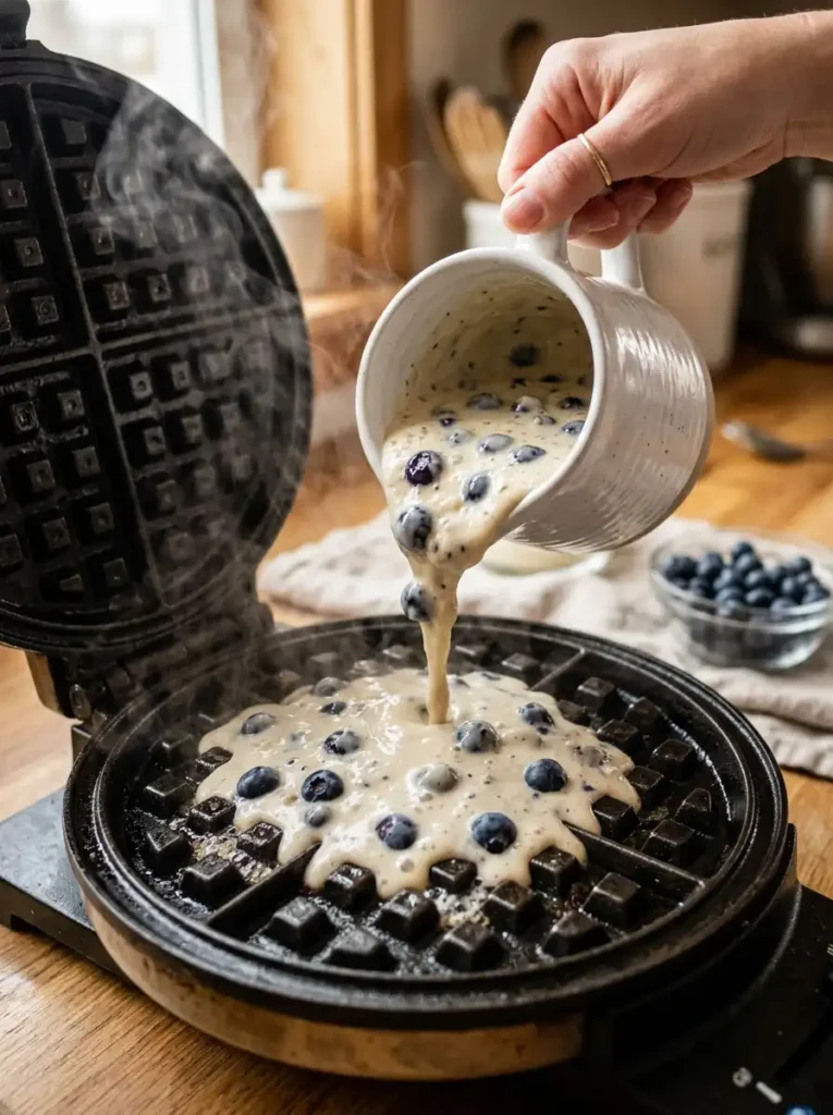 Pouring blueberry waffle batter onto a hot waffle iron