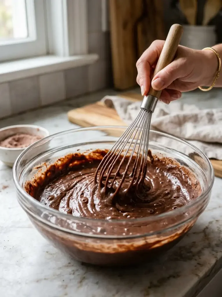 Whisking chocolate pudding mix and milk in a glass bowl to make chocolate pudding pie filling