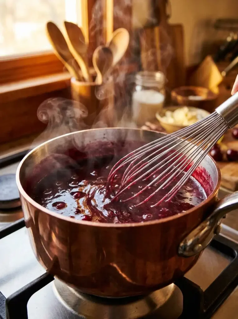 Thickening cherry juice with cornstarch on the stovetop for canned cherry pie filling