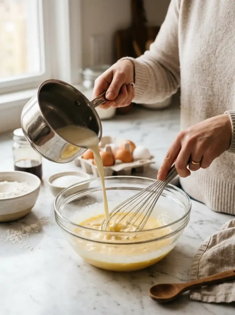 Slowly pouring warm milk into a bowl of beaten eggs to temper them for coconut pie custard