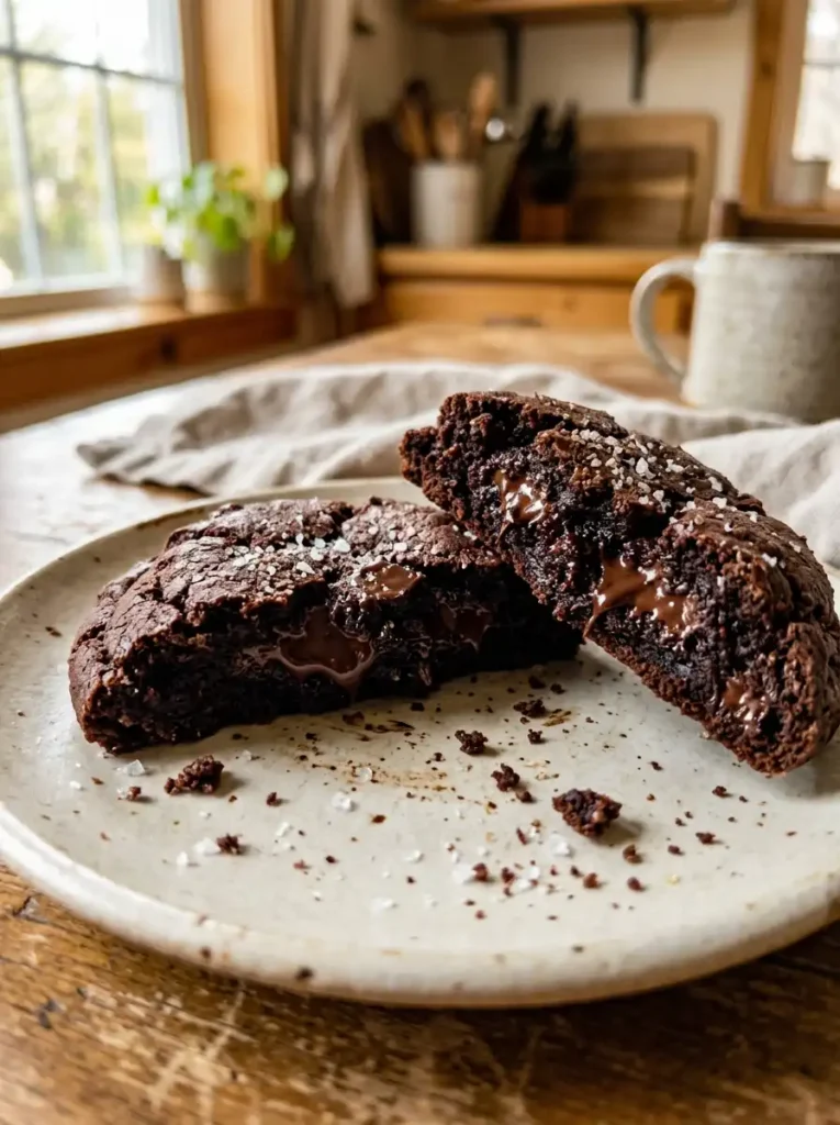 Broken fudge cookie showing a soft fudgy brownie-like center