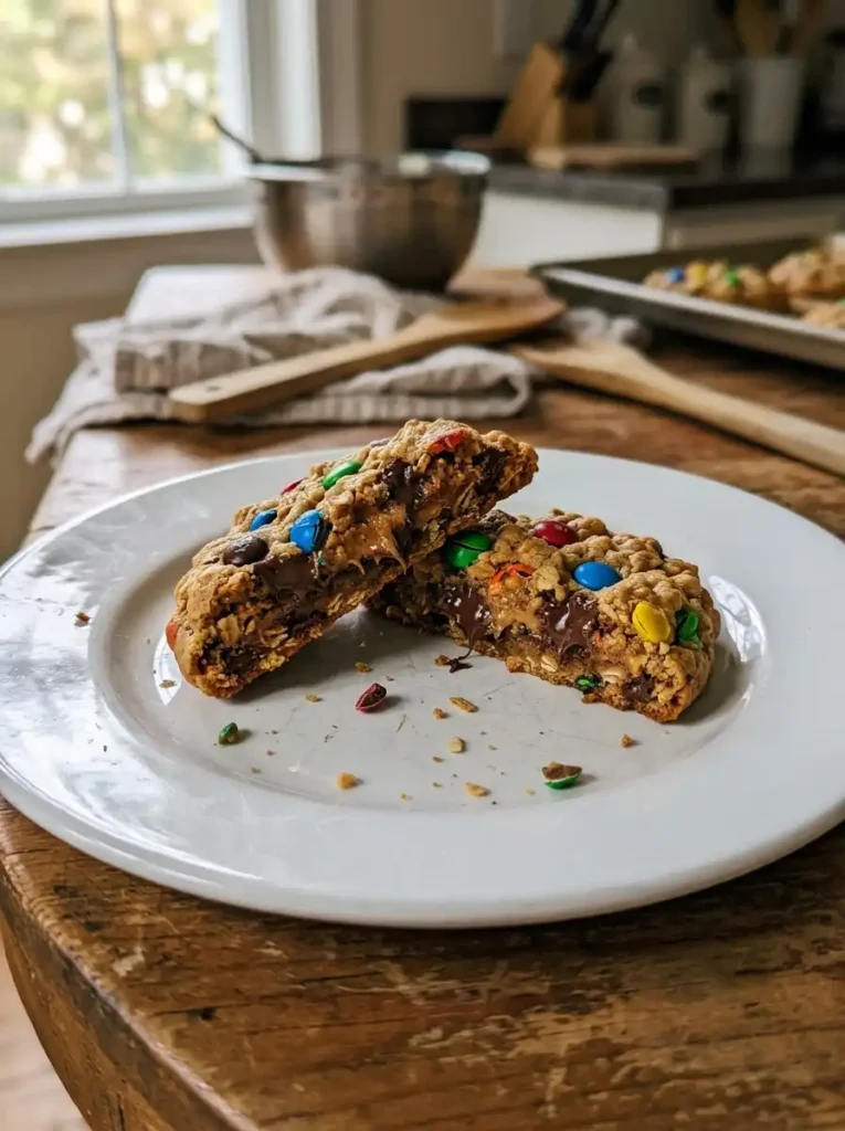 Broken monster cookie showing a soft chewy oatmeal peanut butter center, monster cookie recipe