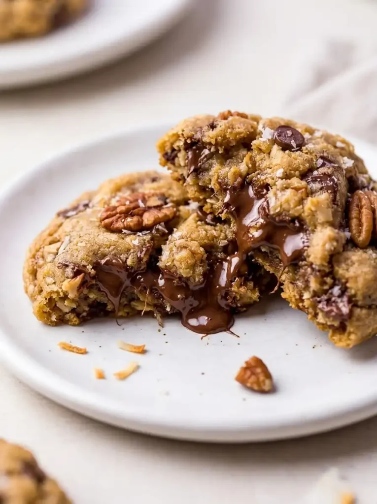 Close up of a thick chewy cowboy cookie broken in half with melted chocolate and pecans
