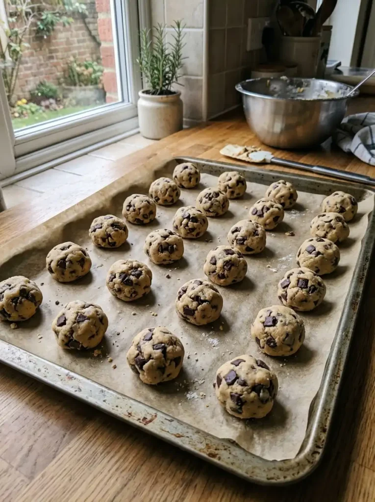 Chilled cookie dough balls on a parchment lined baking sheet