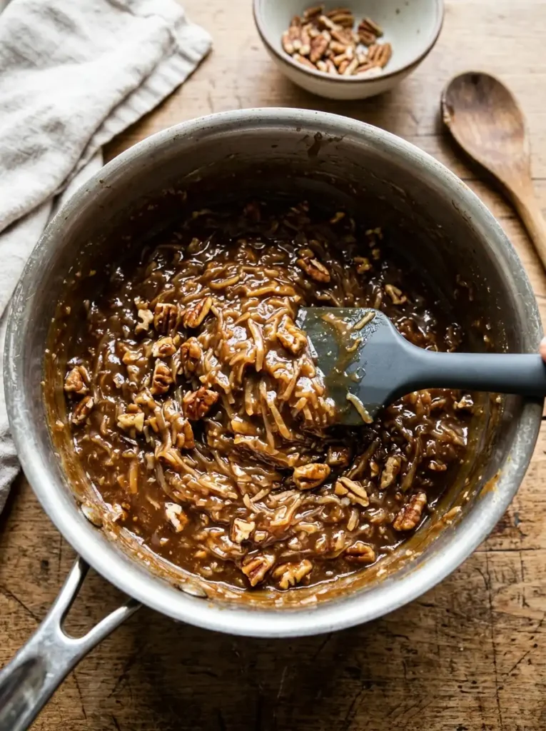Toasted pecans and shredded coconut folded into German chocolate frosting
