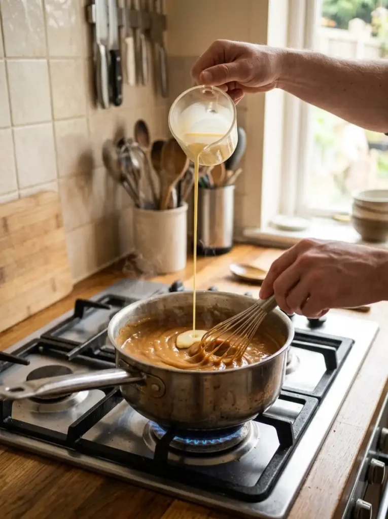 Egg yolk and evaporated milk mixture being whisked into the frosting custard