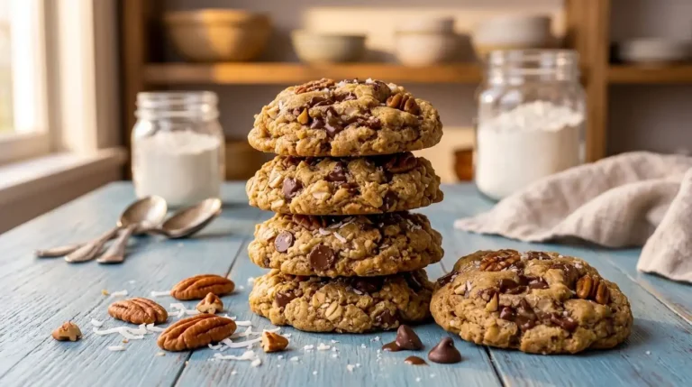 A stack of thick and chewy cowboy cookies with oats pecans and chocolate chips on a rustic table
